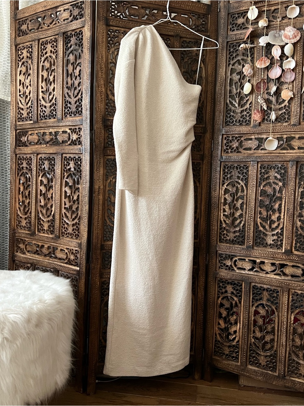 Zara Cream One-Shoulder Textured Midi Dress with Long Sleeve size M